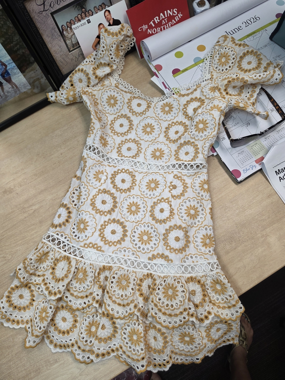 SAYLOR White Dress with Gold Embroidered Eyelet Detail